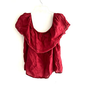 1 State | Women's Red Short Sleeve Scoop Neck Linen Flounce Top Size Medium